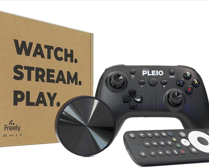 PLEIO | 12 Months Extra Channels & Cloud Gaming | 4K PLEIO Streaming Device Gamepad Voice Remote provided | Freely Live TV Catch-up Apps over WiFi YouTube Video and many more